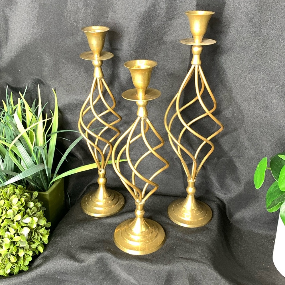 Set of 3 vintage spiral / swirl brass taper candlesticks